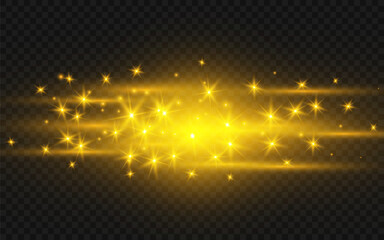The dust sparks and golden stars shine with special light. Vector sparkles on a transparent background. Christmas light effect. Sparkling magical dust particles.