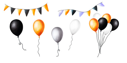 Watercolor Halloween set with bunch of balls illustratio, balls on a string and festive flags. Hand painting orange, black, white balloon sketch isolated on white background. For designers, decora © Natalia