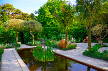 British Gardens with the pond. Garden The British Lost Gardens of Heligan Pentewan Cornwall....