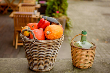 Big basket with autumn vegetables. Halloween decoration.