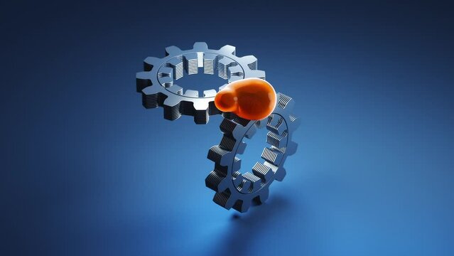 Close-up of gears lubricated with machine oil on a blue background. 3d rendering Animation
