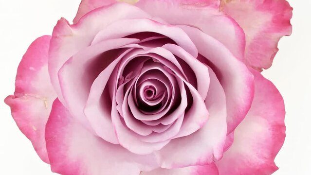Beautiful pink rose rotating on white background. Macro shot, closeup. Blooming pink rose flower open. Holiday backdrop, Valentine's Day concept. High quality 4k footage