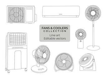 Set of hand drawn editable vector line art illustrations of fans and coolers and air conditioning 
