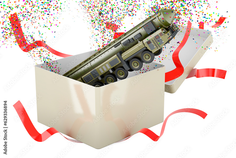 Poster scud missile, mobile short-range ballistic missile system inside gift box. 3d rendering