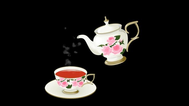 バラ柄のティーカップに注がれる紅茶（透過あり）