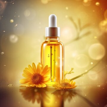 Graceful luxury cosmetic calendula extract face serum ad template.Face skin oil with calendula extract. Realistic face moisture serum transparent bottle mock up with pipettes dispenser and liquid