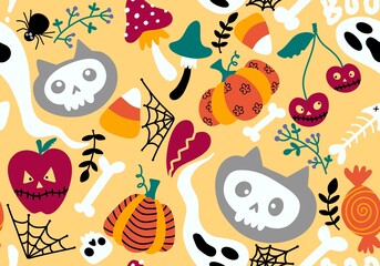 Cartoon Halloween cats seamless pumpkins and skulls and ghost and mushrooms pattern for wrapping paper