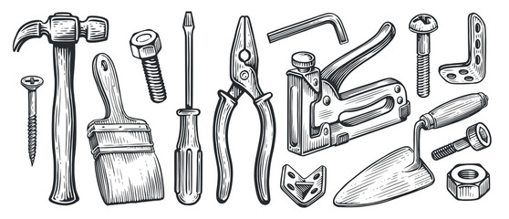 Working tools collection. Repair and construction supplies set. Sketch vintage vector illustration - obrazy, fototapety, plakaty