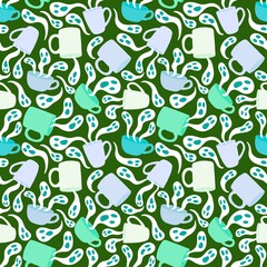 Halloween cartoon monsters seamless ghost and cup of tea and coffee pattern for wrapping paper and fabrics