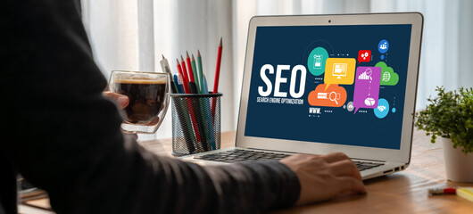 SEO search engine optimization for modish e-commerce and online retail business showing on computer...