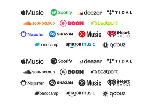 Apple music, Spotify, Deezer, Youtube Music, Tidal, Boom, logos, streaming service platform, song, audio, music, multimedia, ui design editorial vector.