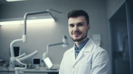Handsome smiling male dentist posing at his dental clinic. Medicine dentistry people. Health teeth. Generative Ai technology.