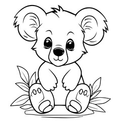 Cute Australian Koala Bear, Black and white outline illustration