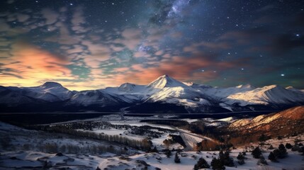 starry night, landscape view from the north pole, mountain and lakes