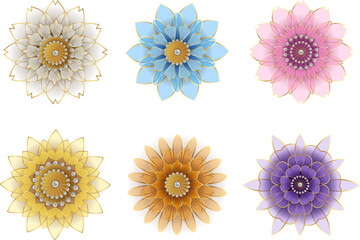 set of decorative flowers. geometric colorful and transparent flowers. floral stylized decorations