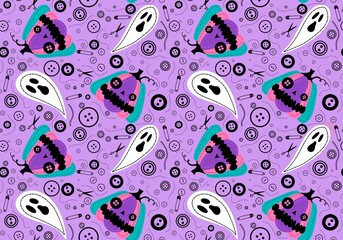 Halloween sewing monsters seamless pumpkins and ghost and buttons and scissors pattern for fabrics
