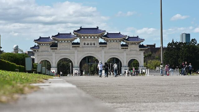 Cinematic gate view at the Archway of CKS (Chiang Kai Shek) Memorial Hall, Tapiei, Taiwan. The meaning of the Chinese text on the archway is "Liberty Square"