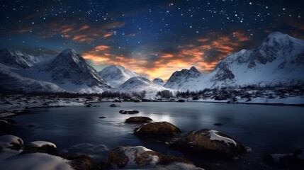 Obraz premium starry night, landscape view from the north pole, mountain and lakes