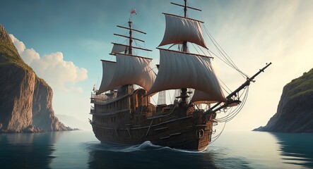 Fototapeta premium lonely pirate ship in a calm sea realistic. ai generation