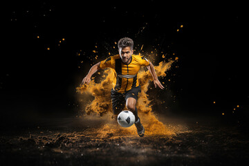 Football/soccer player in a yellow uniform running on a black background, raising yellow dust in the air