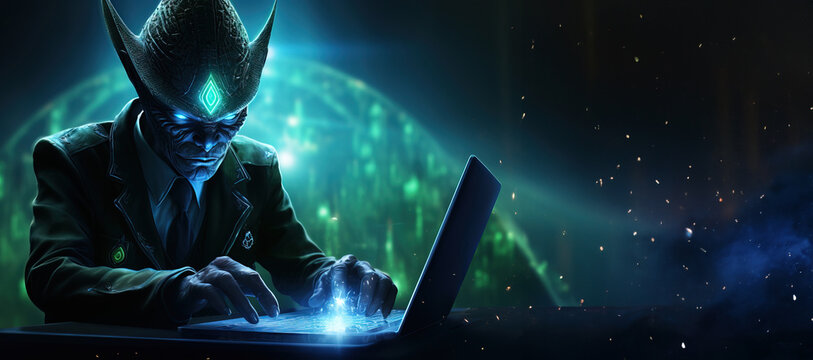 Technological alien using a laptop with a space-themed background. Green and blue colors