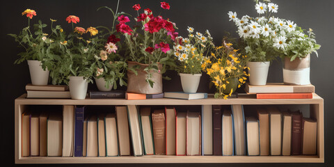 Generative AI, shelf with books and home flowers, library, literature, reading, knowledge, study, banner, bloom, bookstore