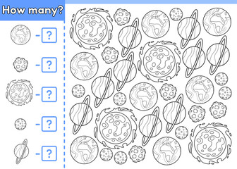 Counting game for kids. Math game on space theme for children. How many planets of solar system. Count cartoon planets Earth, Moon, Uranus, Mercury and star Sun. Vector outline. Page of coloring book.