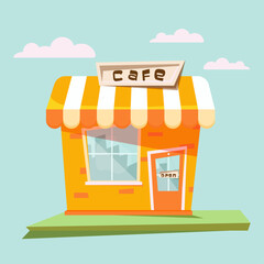 Cafe in a bright, orange style. Collection of city objects.