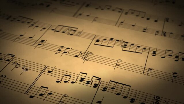 Sheet music flyover with music notes on beige brown