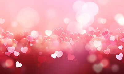 Pink and red gradient background with a bokeh effect and hearts scattered randomly throughout, giving it a dreamy and romantic feel.  
