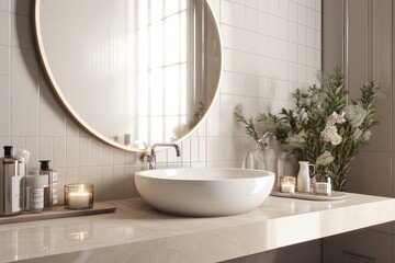 Perspective view of a stylish sunlit minimalist wooden sink cabinet with a round mirror on top with a light wall in the background in pastel colors and flowers. Cosiness. Generative AI