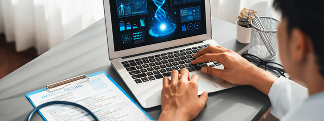 Doctor studying genetic disease in DNA research with laptop, analyze genetic data, formulate medical treatment strategies, and develop healthcare plan for patient with innovative solution. Neoteric