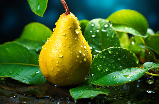 pear with water drops on grey background