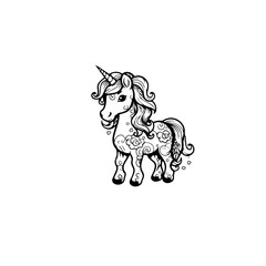 Cute cartoon unicorn. Black and white vector illustration