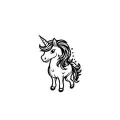 Cute cartoon unicorn. Black and white vector illustration