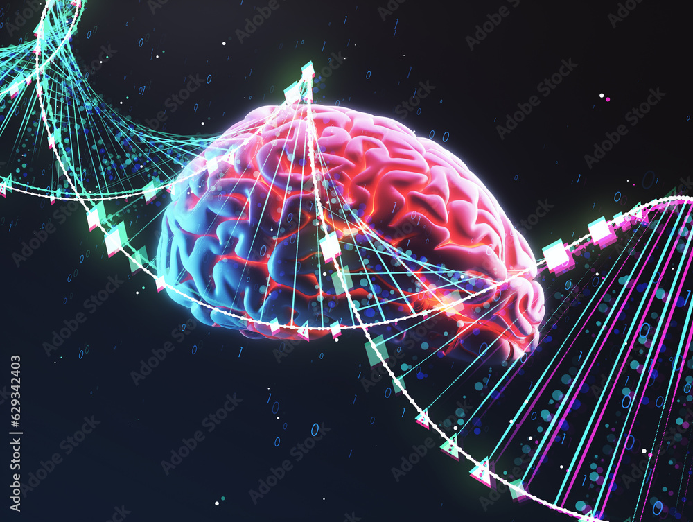 Aufkleber bioengineering and science concept with human brain and dna symbols on dark background. generative a