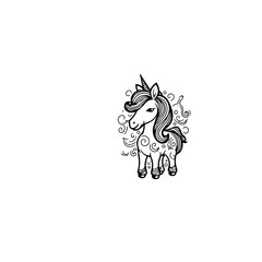Cute cartoon unicorn. Black and white vector illustration