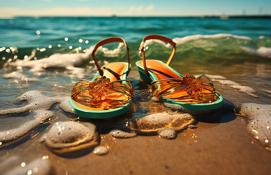 colorful flip flops on the beach and surrounded by water