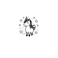 Cute cartoon unicorn. Black and white vector illustration