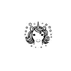 Cute cartoon unicorn. Black and white vector illustration