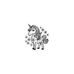 Cute cartoon unicorn. Black and white vector illustration
