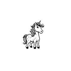 Cute cartoon unicorn. Black and white vector illustration