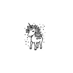 Cute cartoon unicorn. Black and white vector illustration