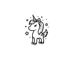 Cute cartoon unicorn. Black and white vector illustration