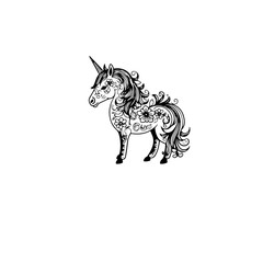 Cute cartoon unicorn. Black and white vector illustration
