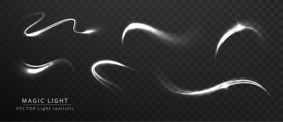 Light white Twirl light. Magic white light glow effect vortex line vector. Flying christmas star trail motion.