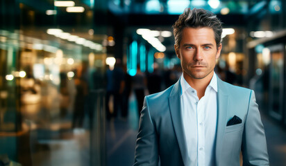 Handsome businessman in the business center. Business and success concept. Generative AI