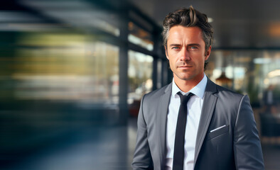 Fototapeta premium Portrait of a handsome businessman in a suit standing in an office. Generative AI
