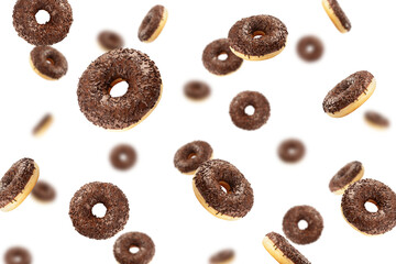 Falling chocolate Donut isolated on white background, selective focus