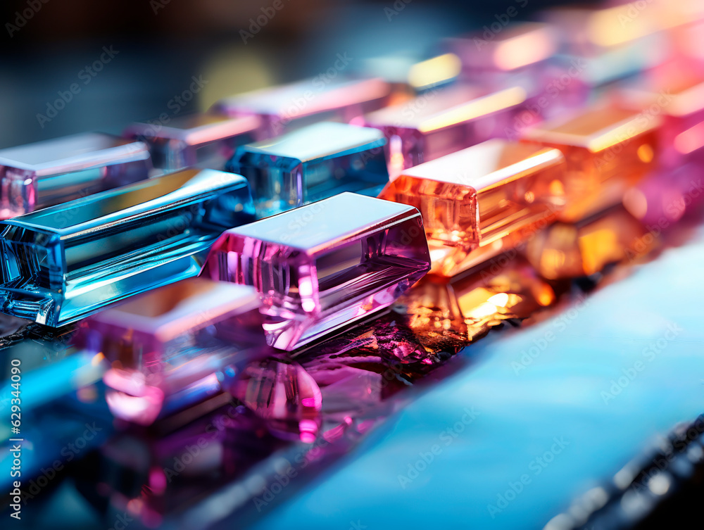 Poster abstract scene with colorful glass cubes on a dark background close up. generative ai